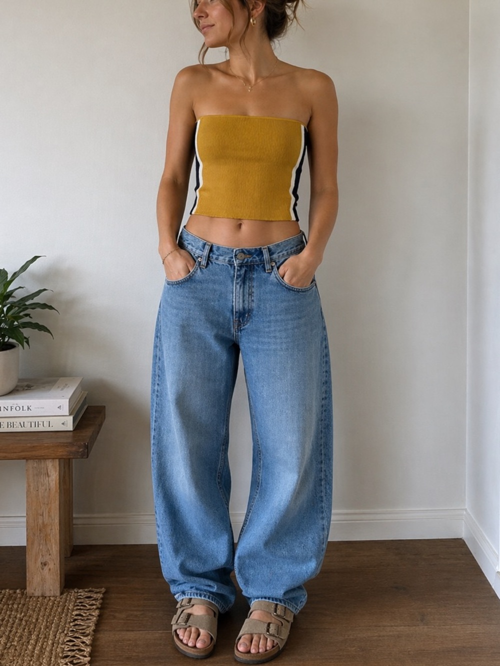Babaton Women's Side Stripe Sculpt Knit Cropped Tube Top in Mustard Size XS